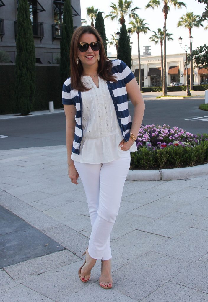 spring outfit - all white outfit and striped cardigan