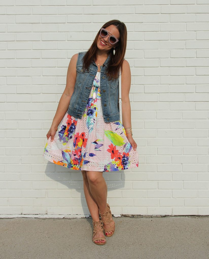 spring outfit - floral dress and denim vest