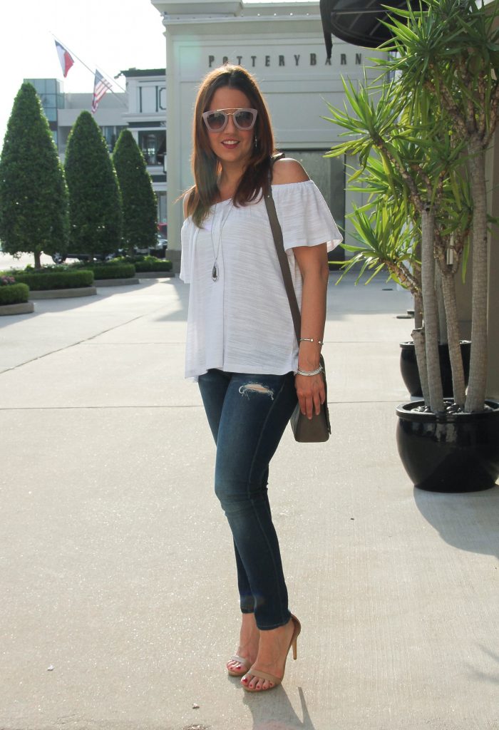 spring outfit - off the shoulder top and distressed denim with heels