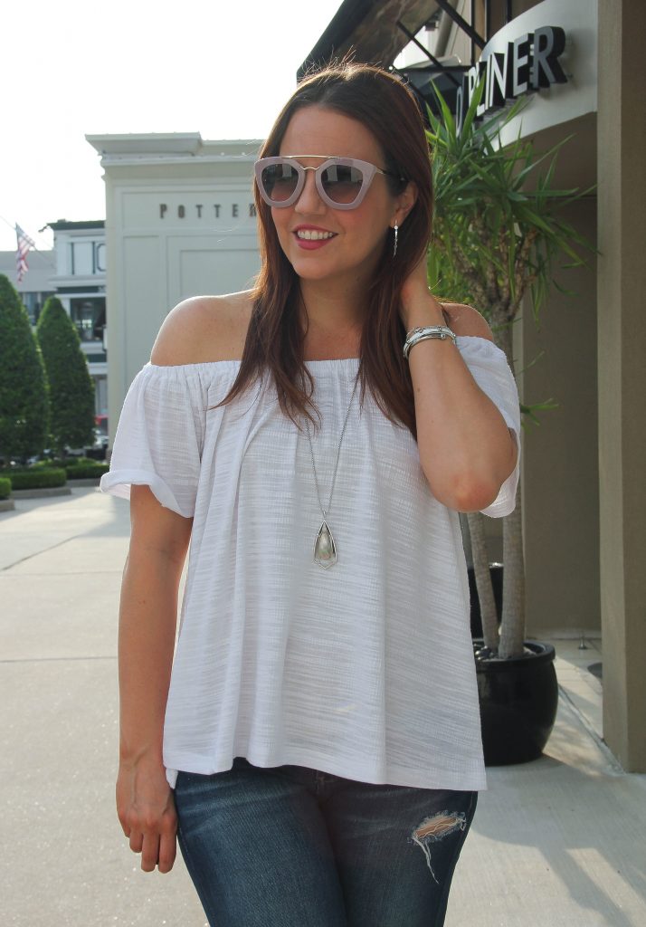 anthropologie off the shoulder top with long pendant necklace in silver