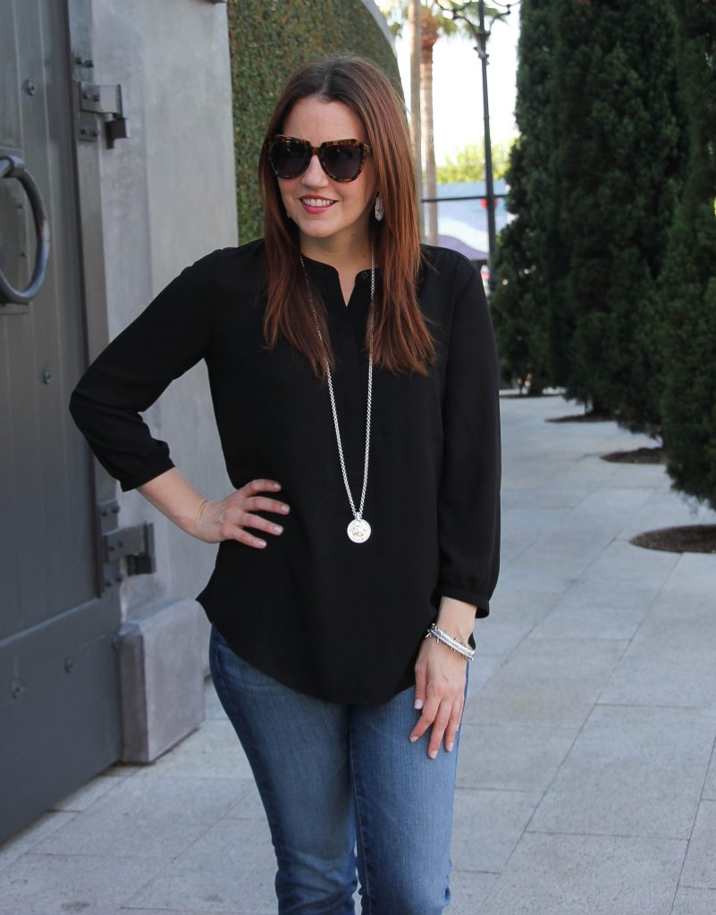 nordstrom black henley blouse with long silver necklace