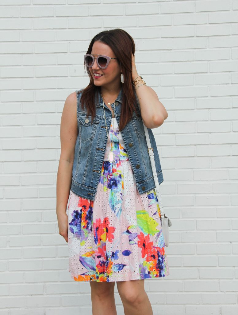 trina turk elin dress, pink floral and restyled with denim vest