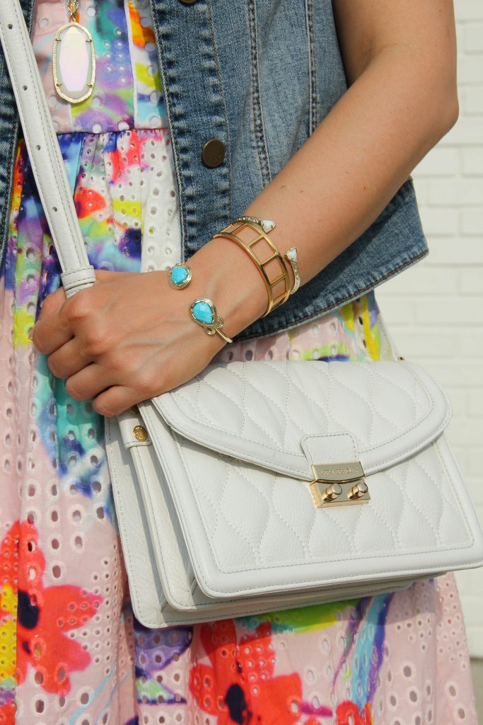 kendra scott turquoise bracelet and white crossbody bag