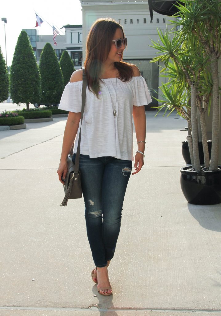 weekend outfit inspiration - white top, jeans and heels