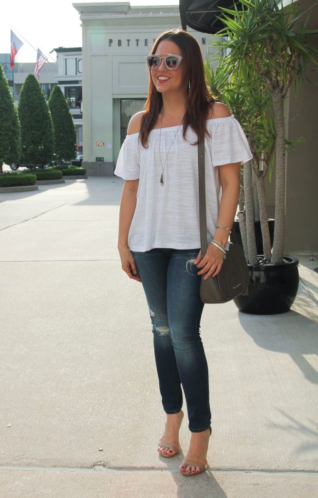 fashion blogger outfit - off the shoulder top and distressed jeans