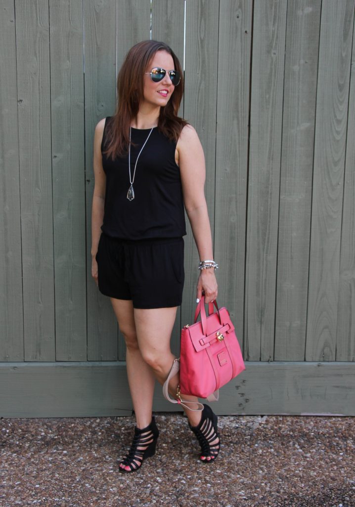 summer outfit idea - black romper and wedges