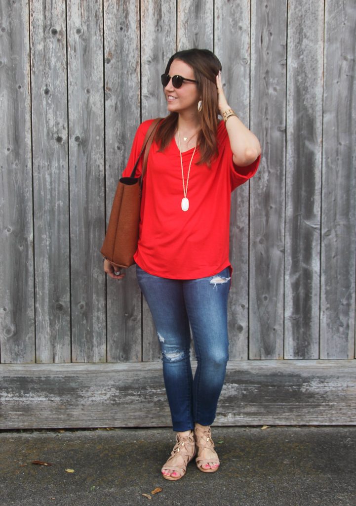 summer outfit - distressed jeans and red tee