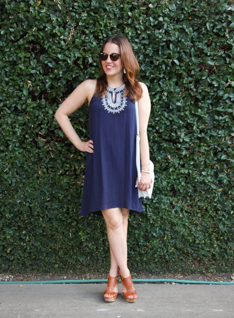 Summer Outfit Navy Dress and Wedges Sandals