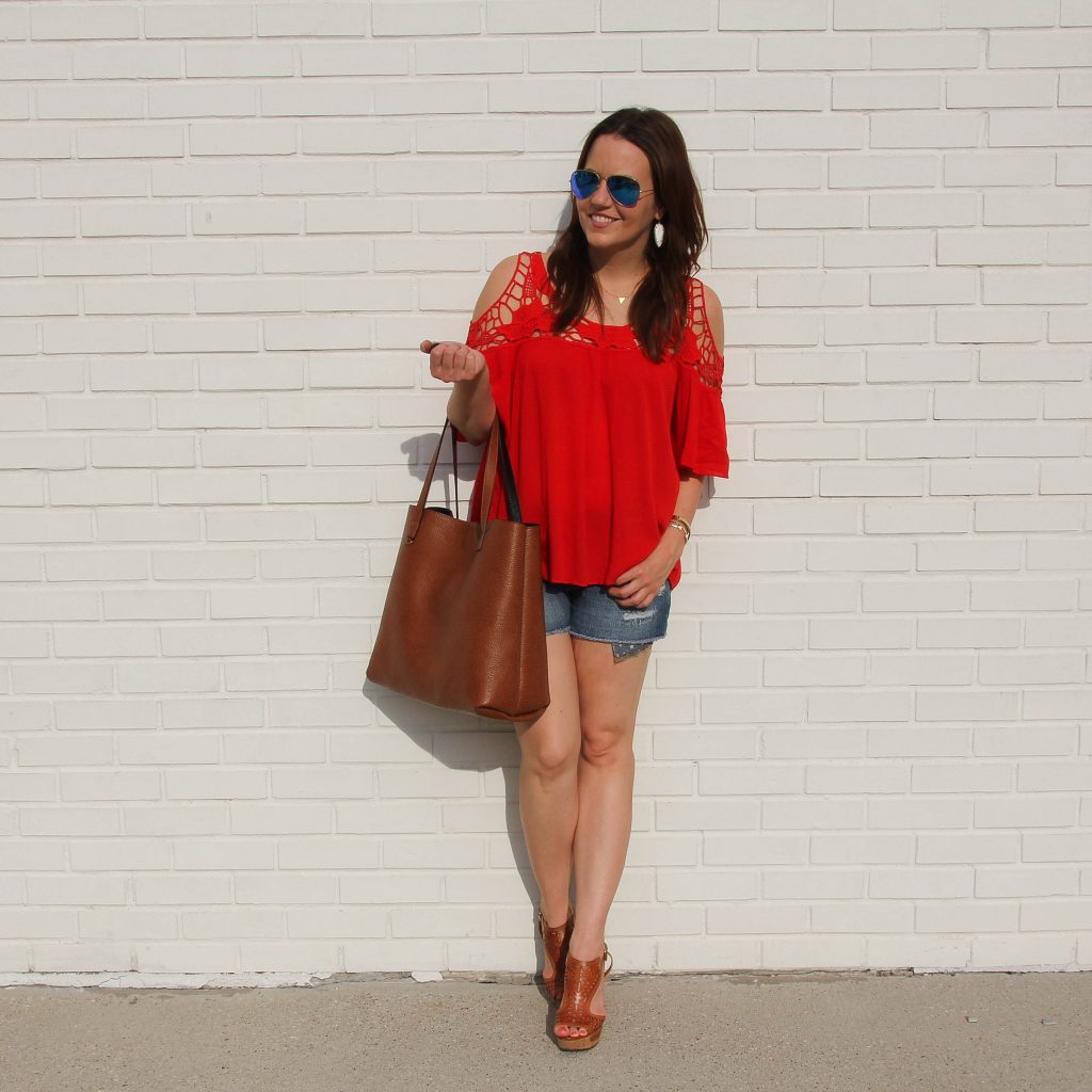 Summer outfit - red cold shoulder top and cutoff shorts