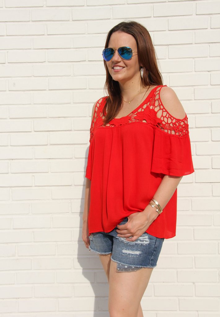 4th of July outfit -red top and cutoff shorts