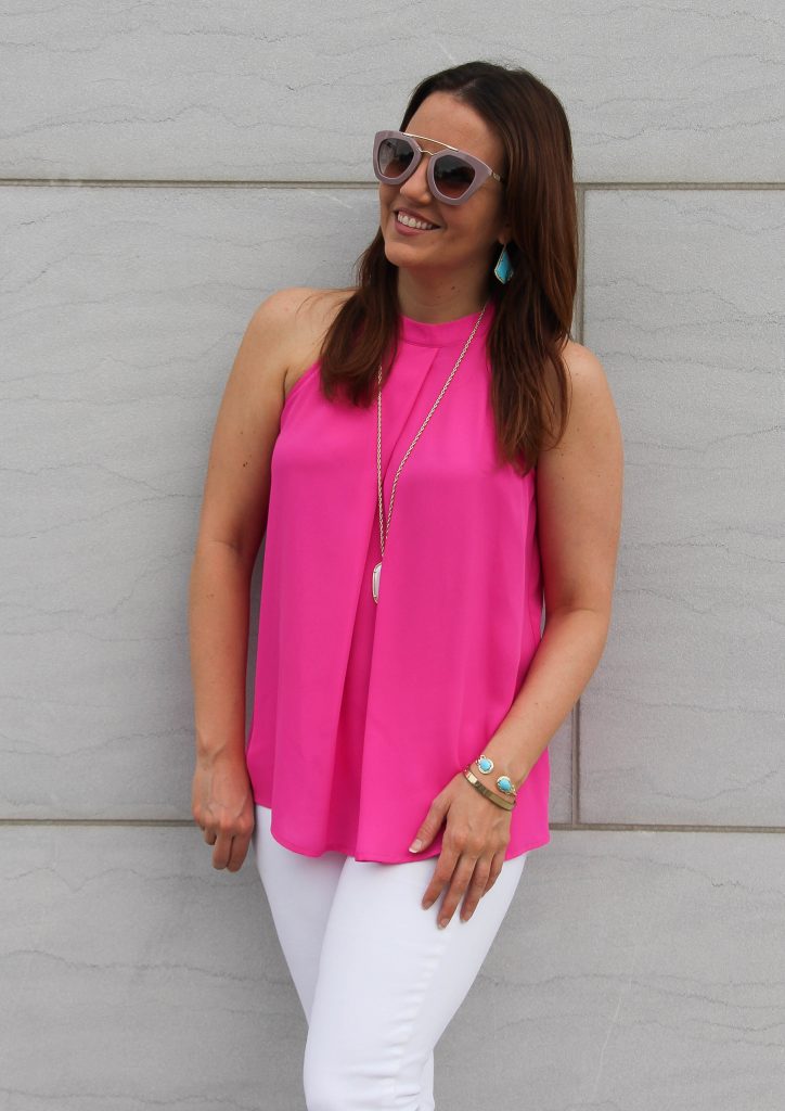 pink halter top with white jeans