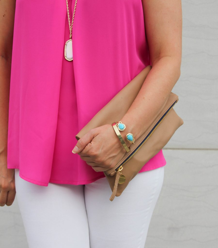 turquoise jewelry with hot pink blouse