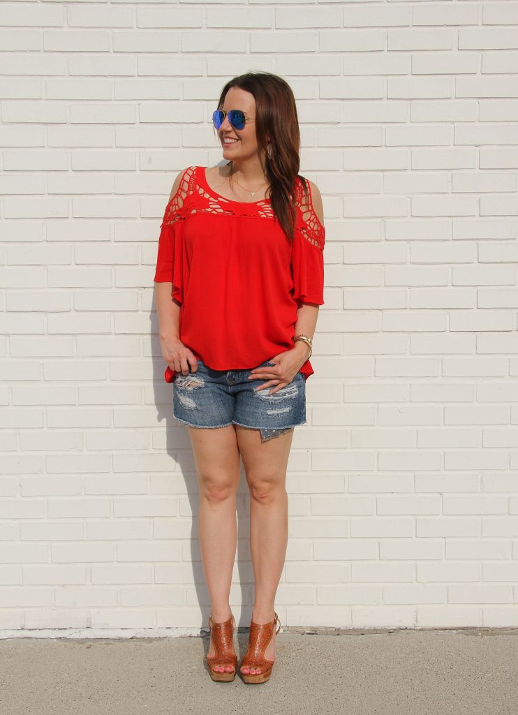 casual 4th of July Outfit - distressed shorts and red top