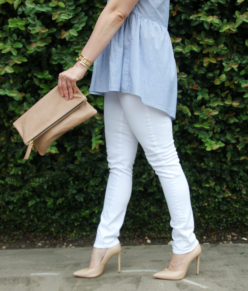 White Skinny Jeans and nude heels