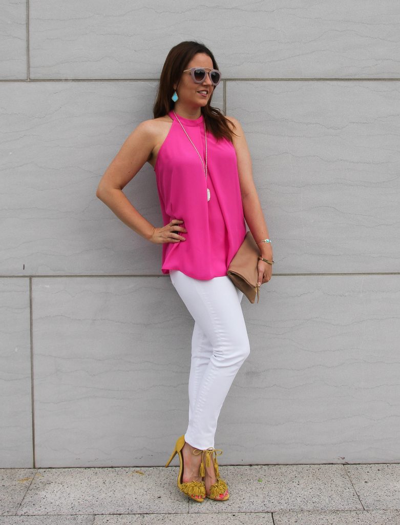 fun summer party outfit - pink halter top, white jeans and yellow heels