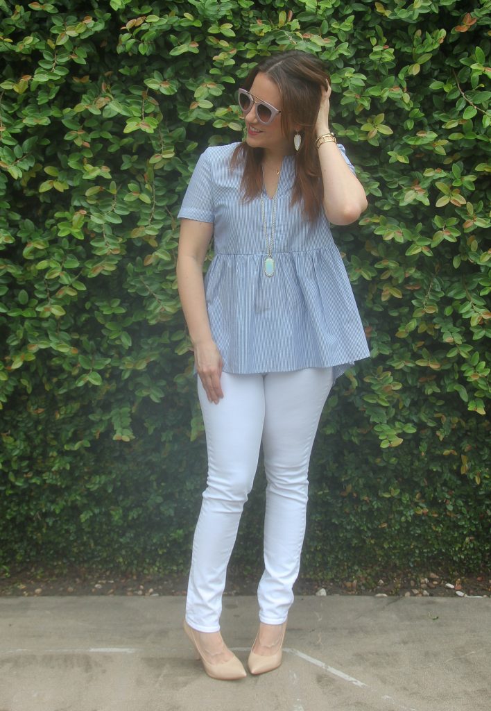 summer fashion - striped blue top with white skinny jeans