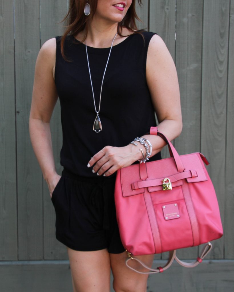 Weekend Outfit - black romper and pink purse