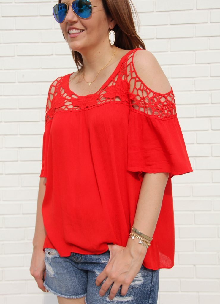 Summer outfit perfect for 4th of july with red cold shoulder top