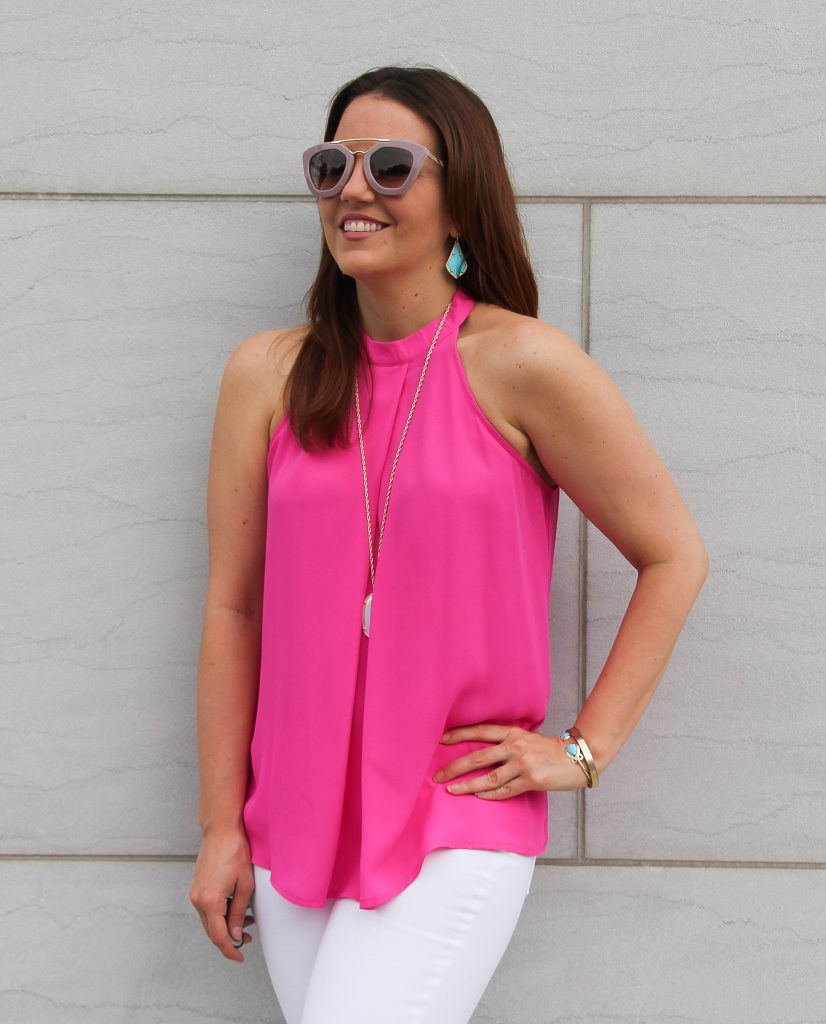 hot pink halter top and turquoise earrings