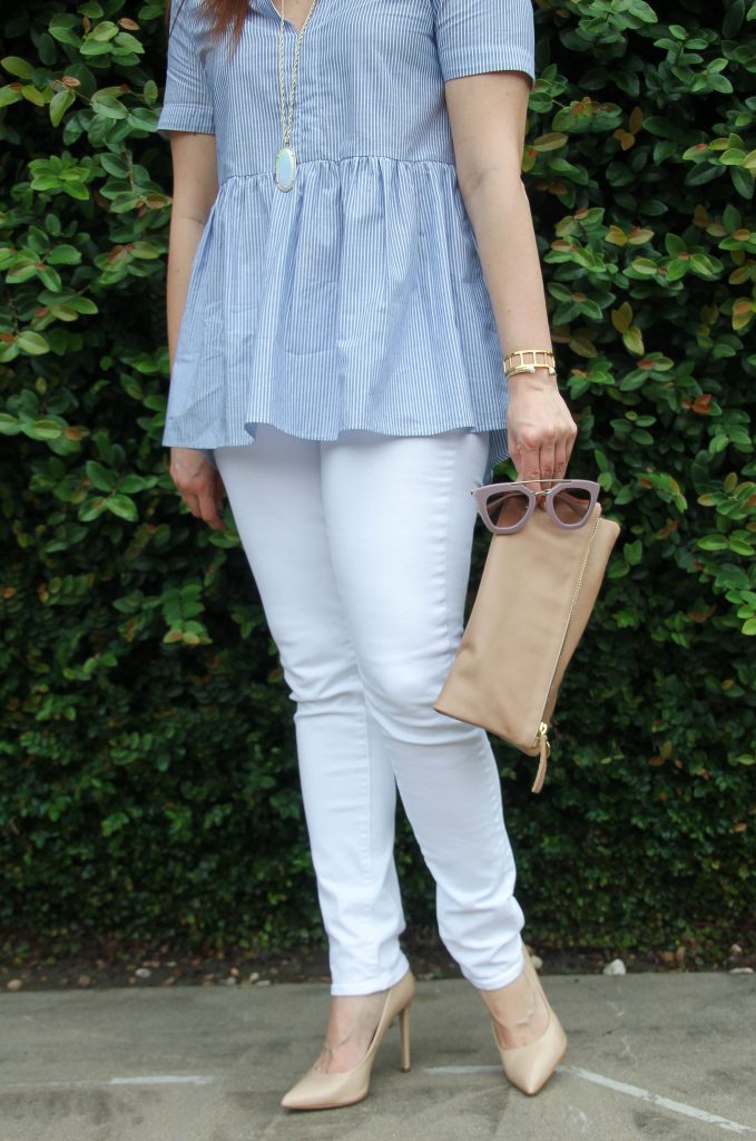 summer outfit idea - blue striped blouse, white jeans, and heels