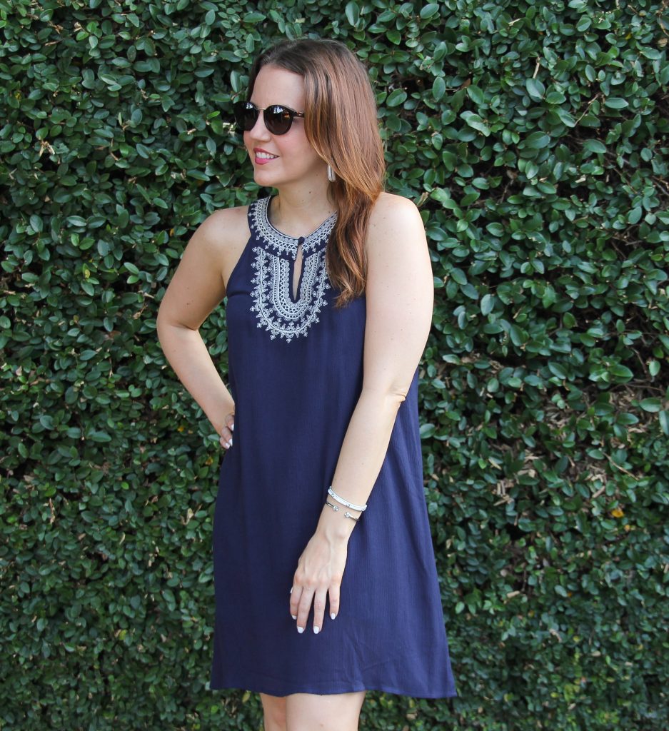 navy dress with halter neckline