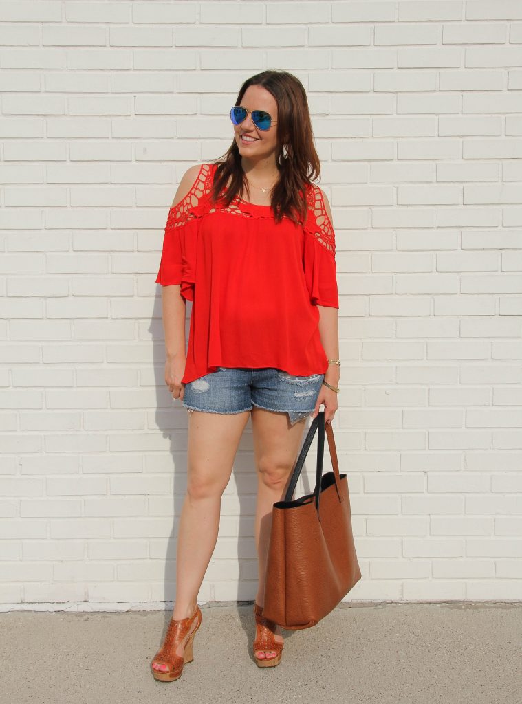 casual weekend summer outfit - shorts and wedges