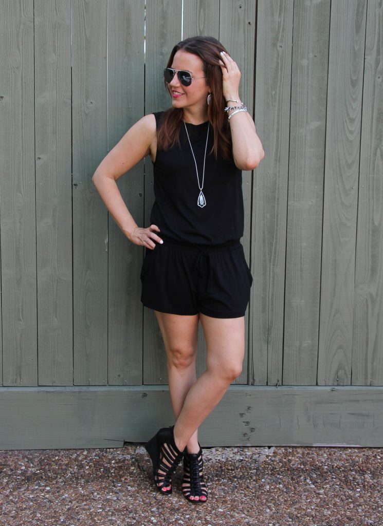 casual summer outfit - black romper and wedges