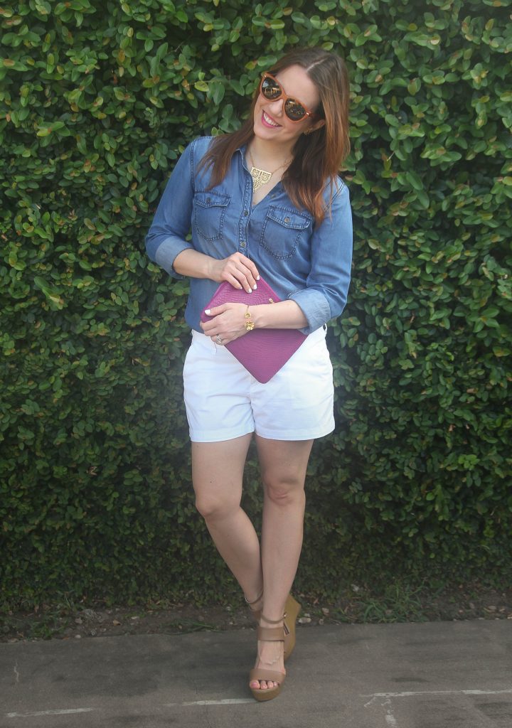 summer outfit denim shirt and white shorts wedges