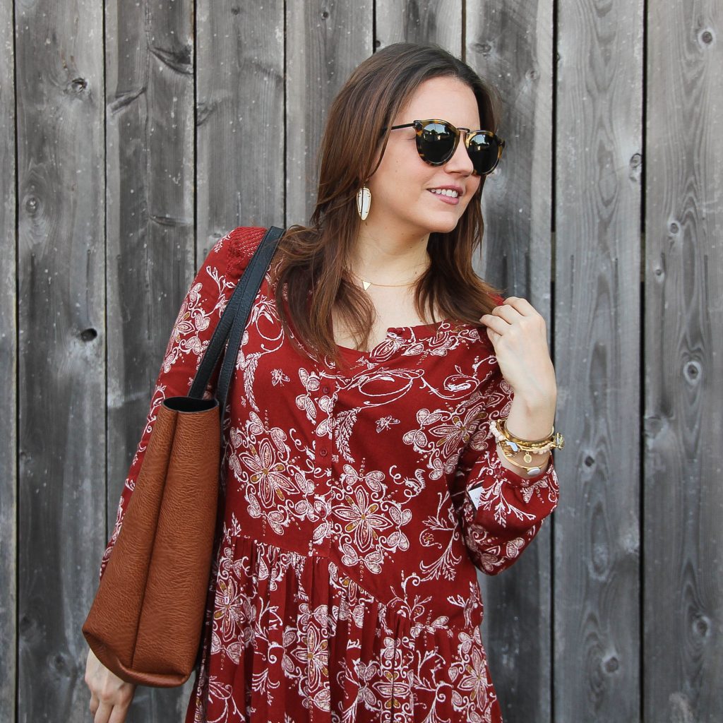 red casual dress and karen walker sunglasses **rent free with code in post**