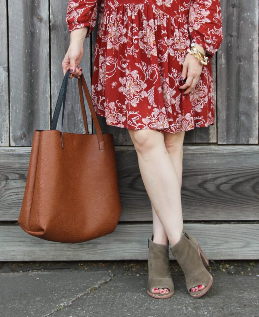 suede peep toe booties and brown tote bag