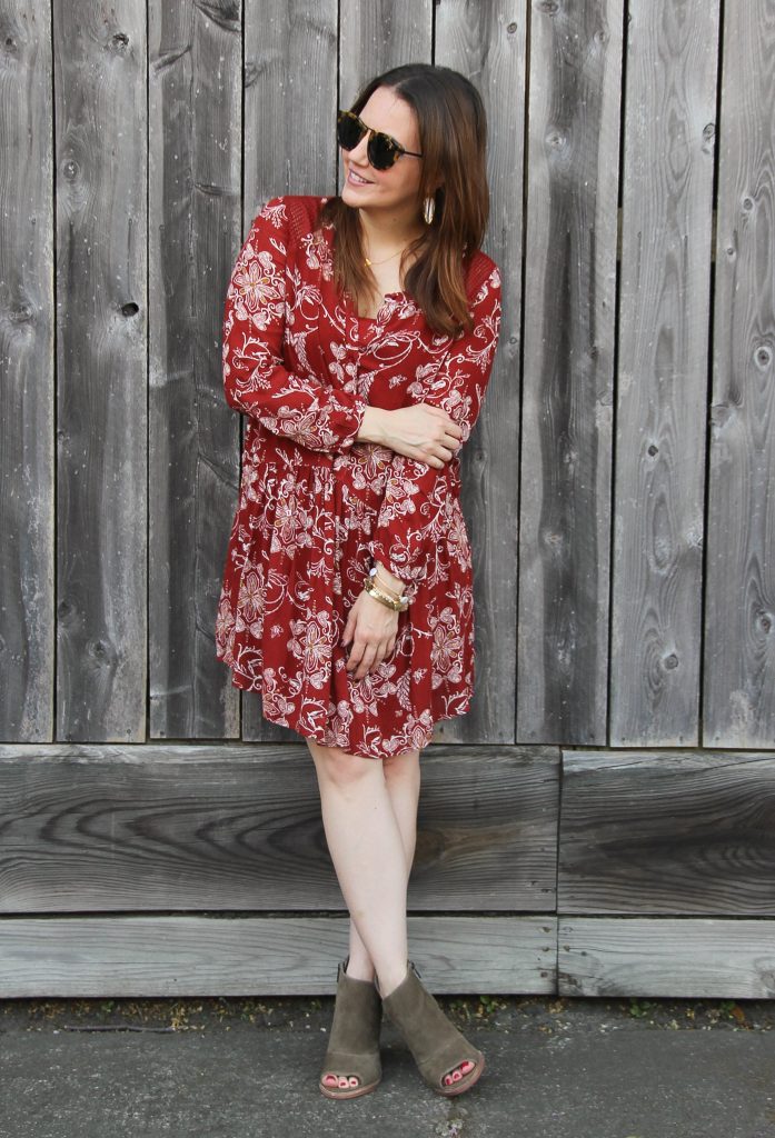 fall outfit - red floral shift dress peeptoe booties