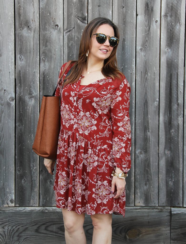 fall weekend outfit -red floral shift dress