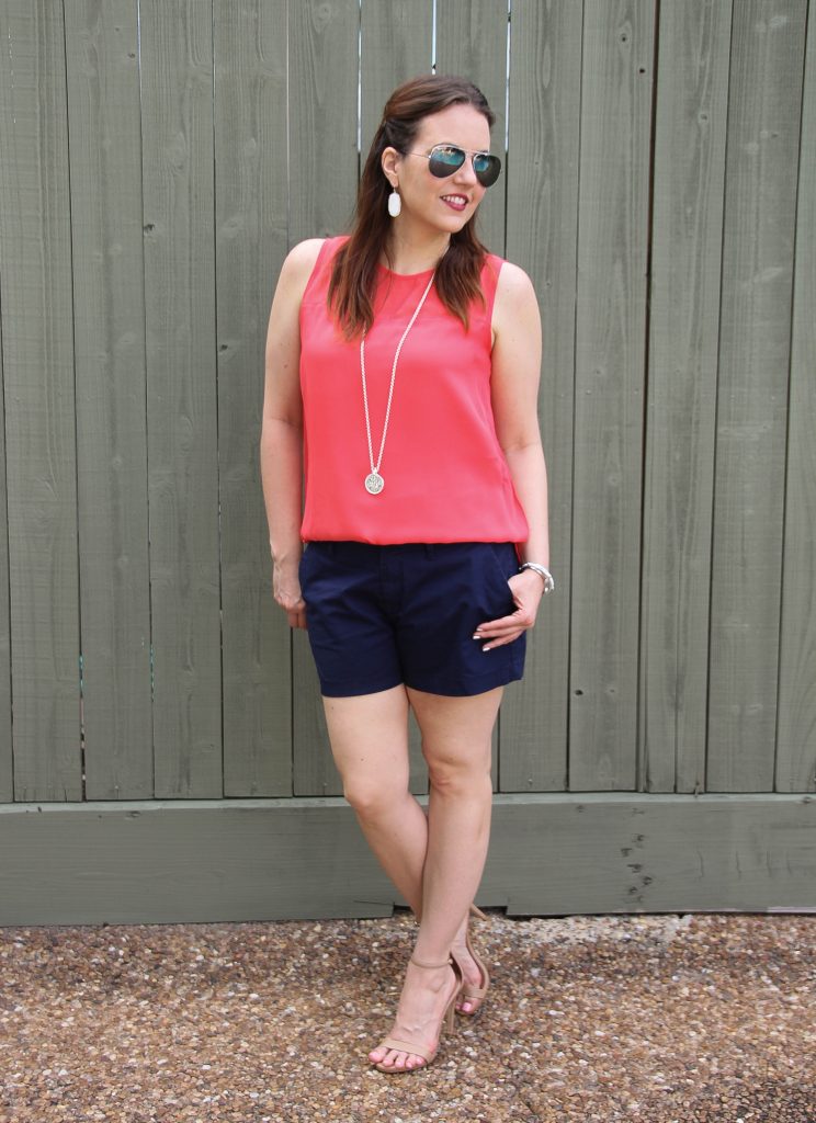 coral sleeveless blouse navy cotton shorts heels