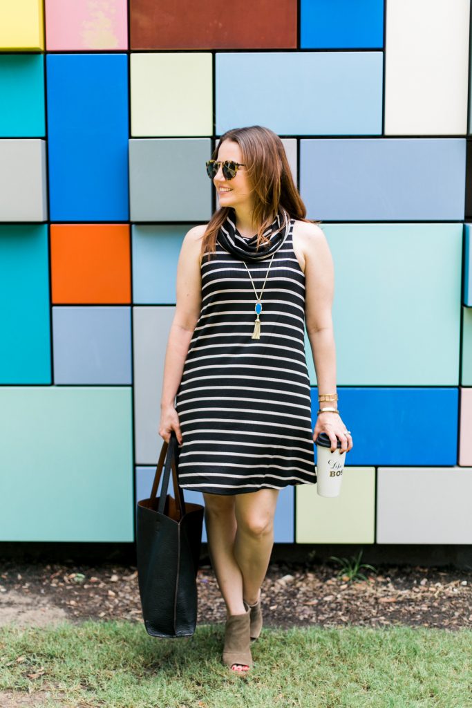 early fall outfit striped cowl neck shift dress