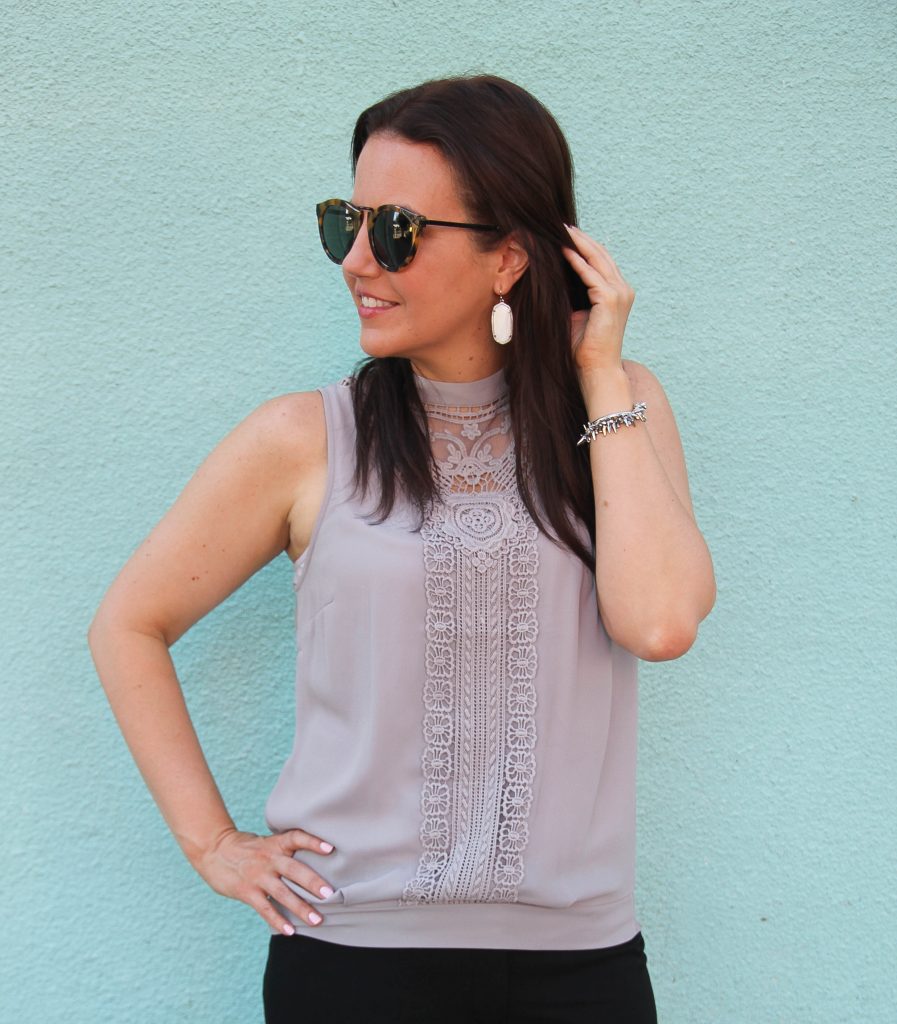 gray lace sleeveless blouse kendra scott elle earrings