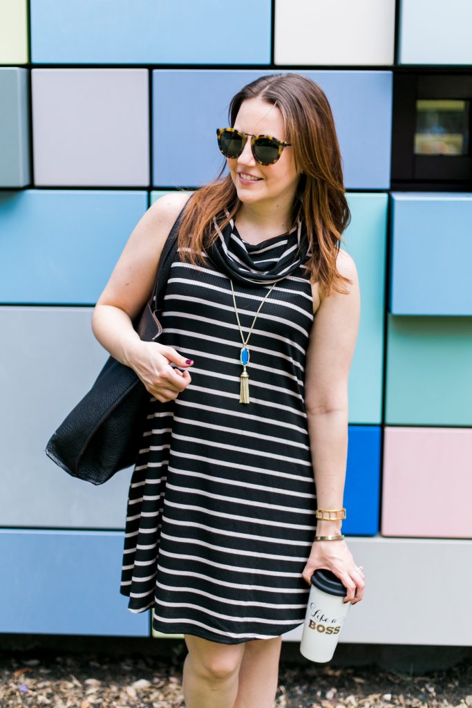 socialite striped cowl neck shift dress with kendra scott necklace