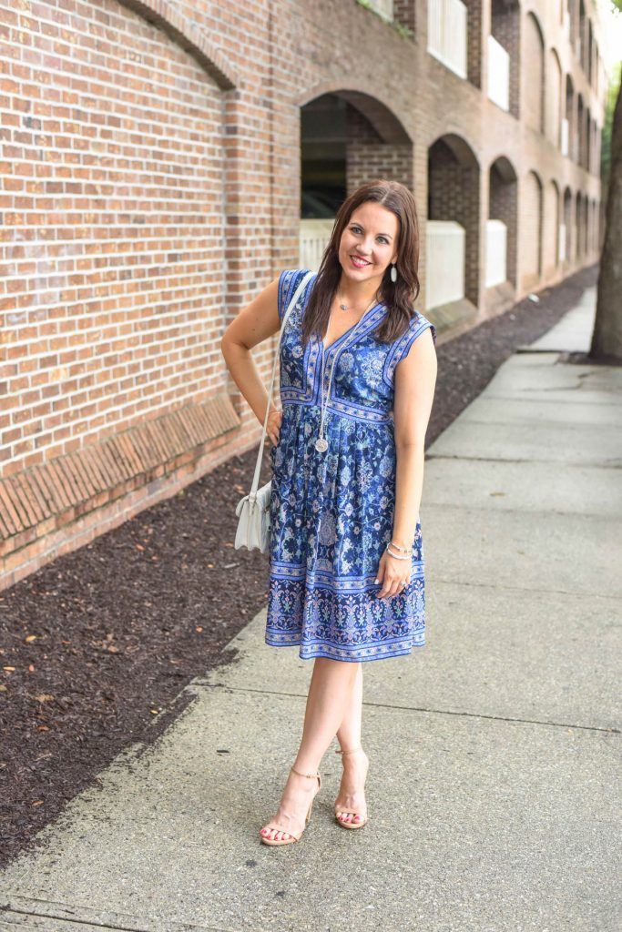 summer floral dress with nude sandals