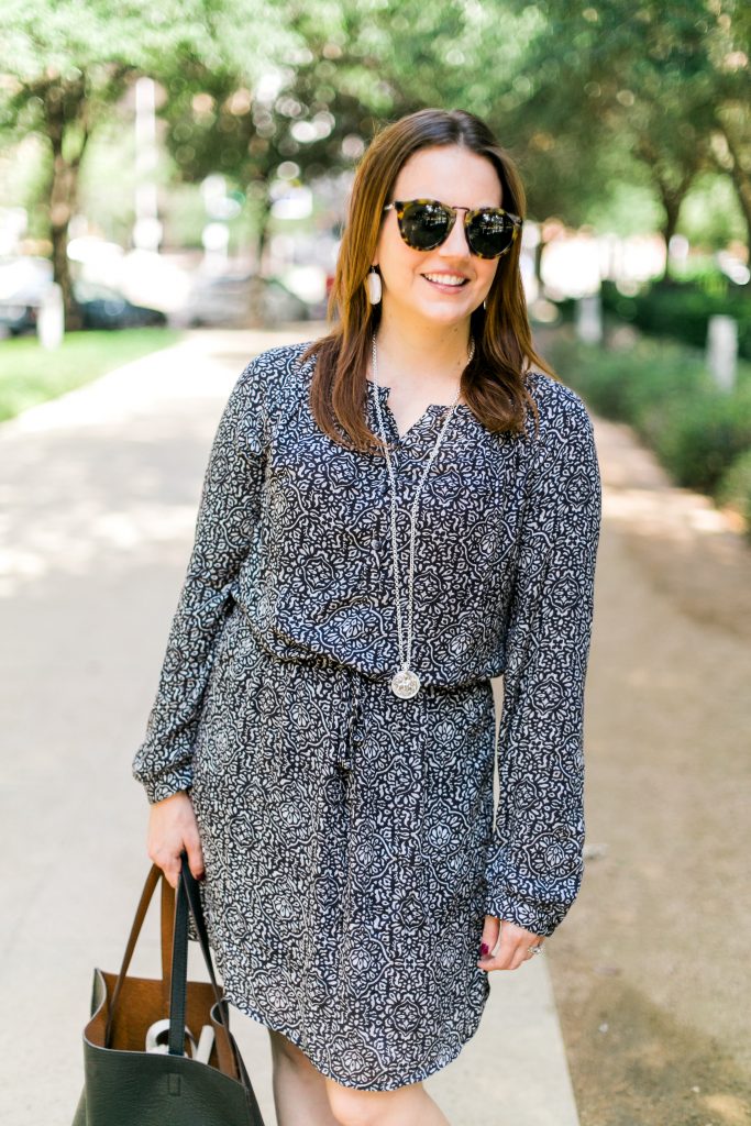 work outfit black drawstring waist dress silver necklace