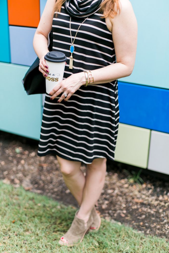 fall casual outfit cowl neck shift dress peep toe suede booties