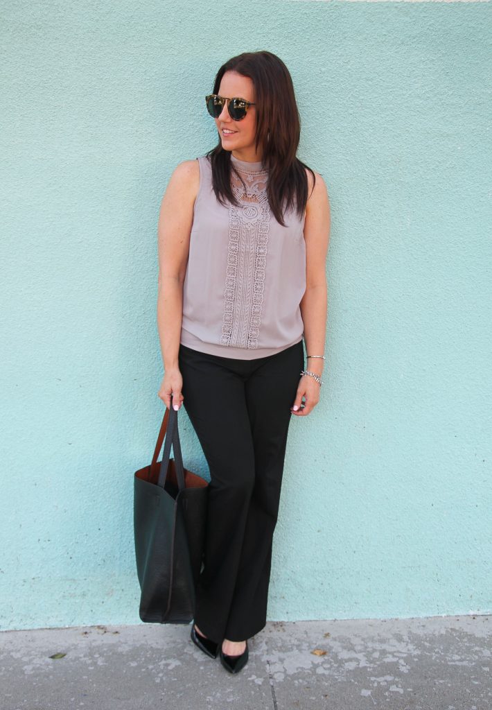 work outfit idea - black pants and gray sleeveless blouse