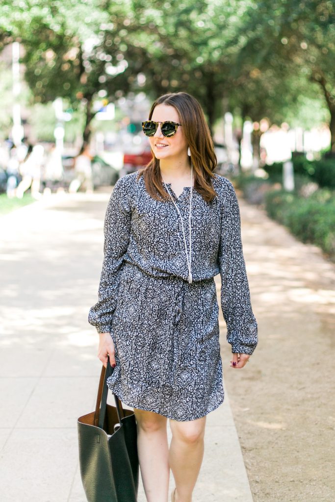 Fall Work Dress black and white print with silver jewelry