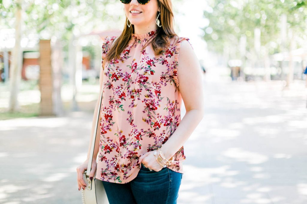 pink floral sleeveless blouse