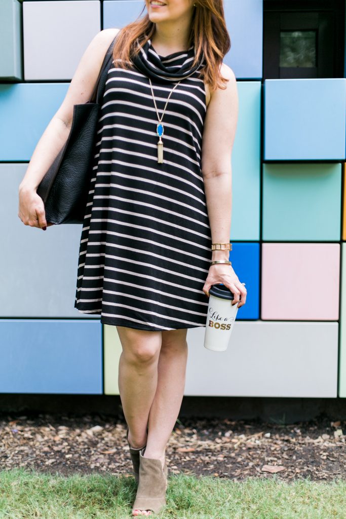 fall outfit inspiration - striped dress with taupe booties and long pendant necklace