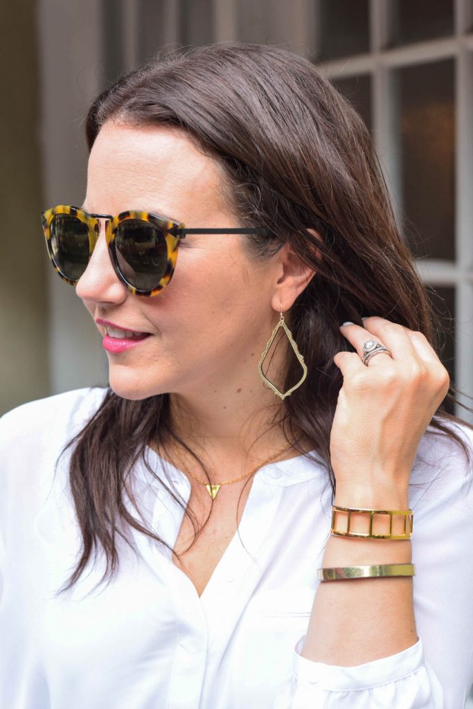 gorgeous gold drop earrings and gold bangle bracelets for work