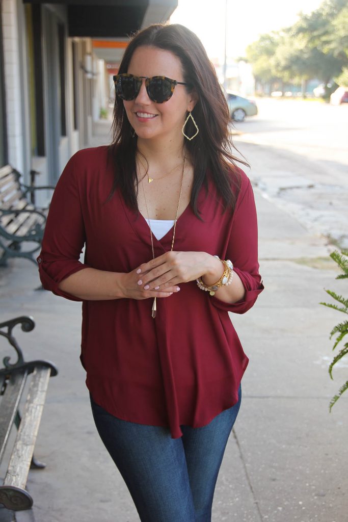 Maroon shirt store outfit women's