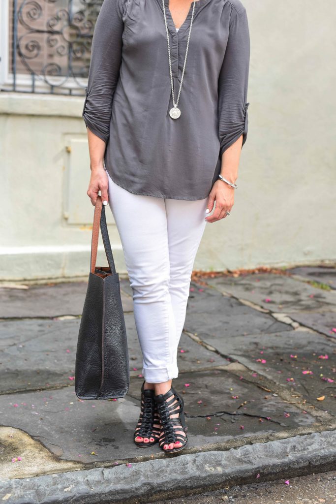 casual outfit white jeans black wedges gray top