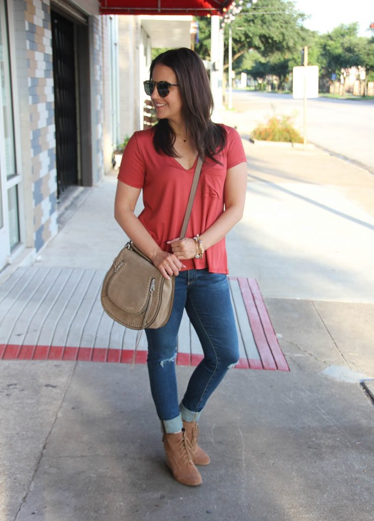LadyinViolet wears a fall weekend outfit featuring a orange casual tee and jeans.
