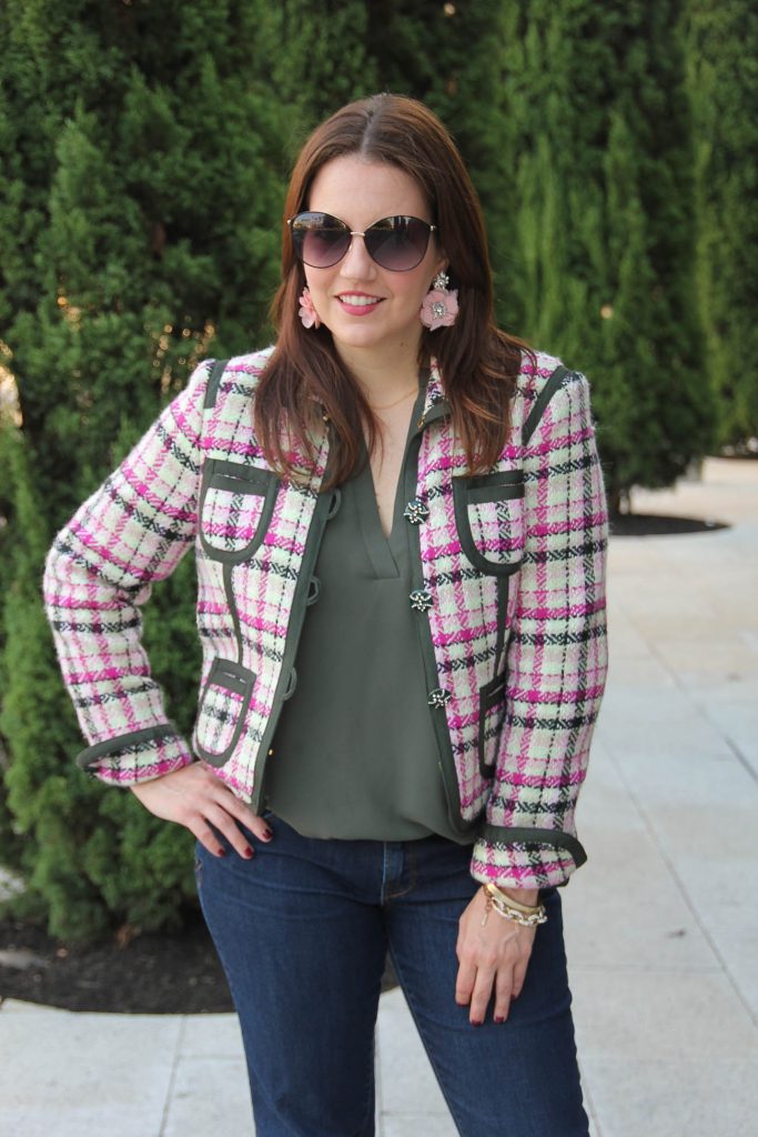 LadyinViolet wears a classic fall jacket style with an olive tunic.