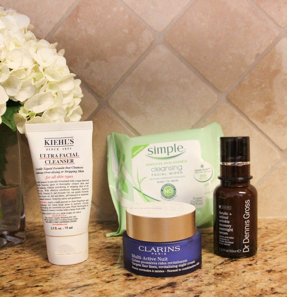 A night skincare routine featuring a retinol serum and two step face cleaning method