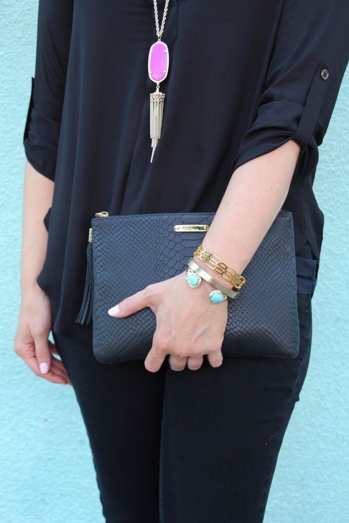 The PERFECT black clutch and a Kendra Scott bracelet in Turquiose.